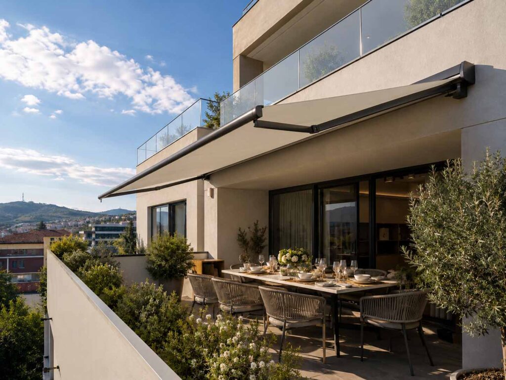 Tenda da sole moderna cassonata su edificio moderno a Torino